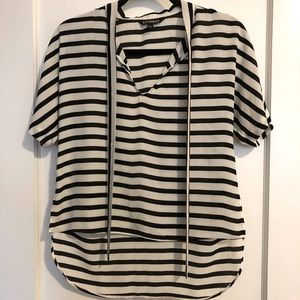 Express XS black and white stripe, short sleeve top with front tie